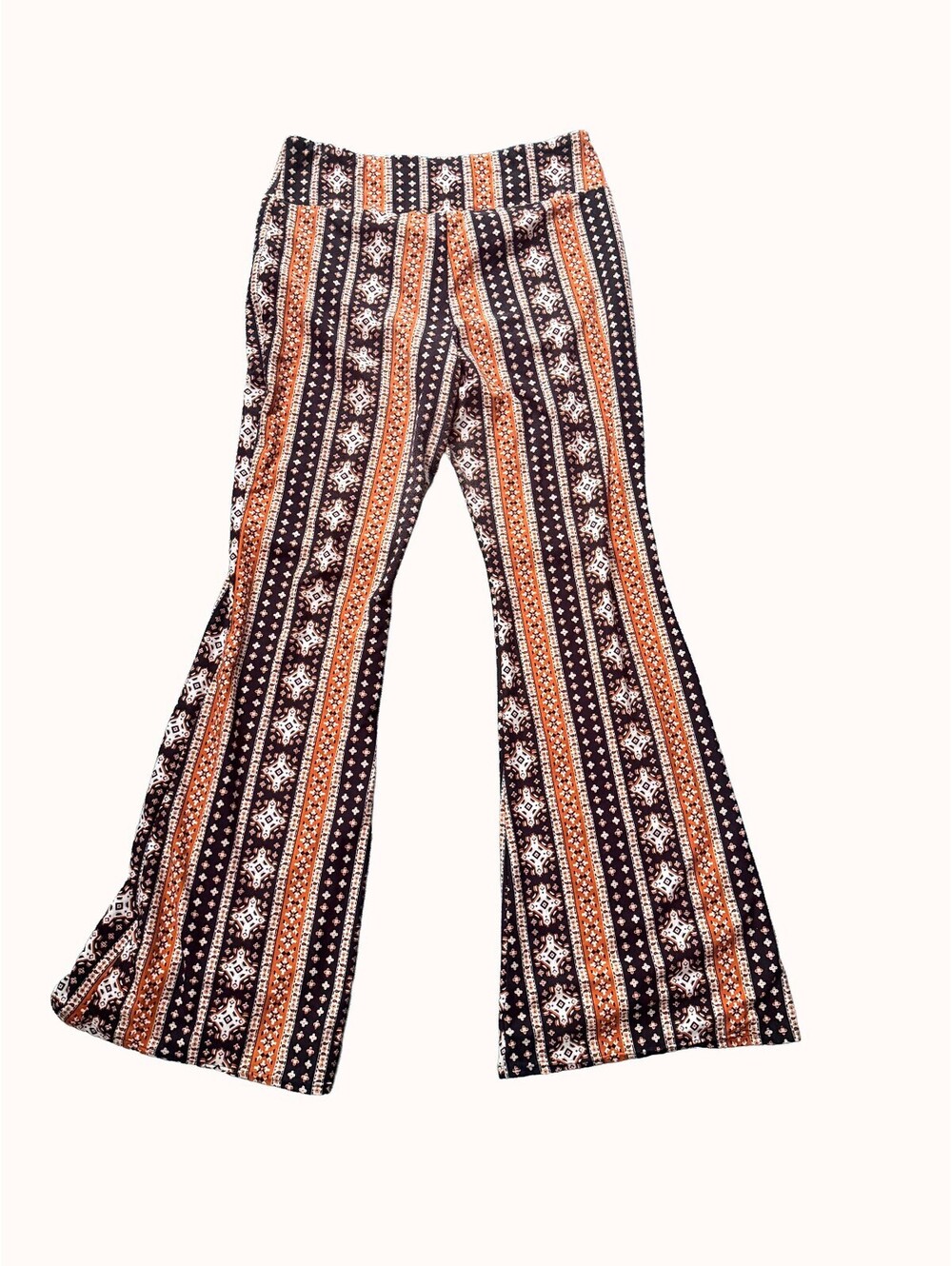 No Boundaries Juniors L Boho Flare Pants 70s Geometric Print Bell Bottoms